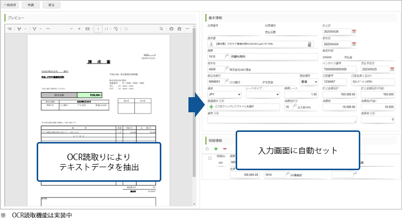 OCR読取りによりテキストデータを抽出し、入力画面に自動でセットする