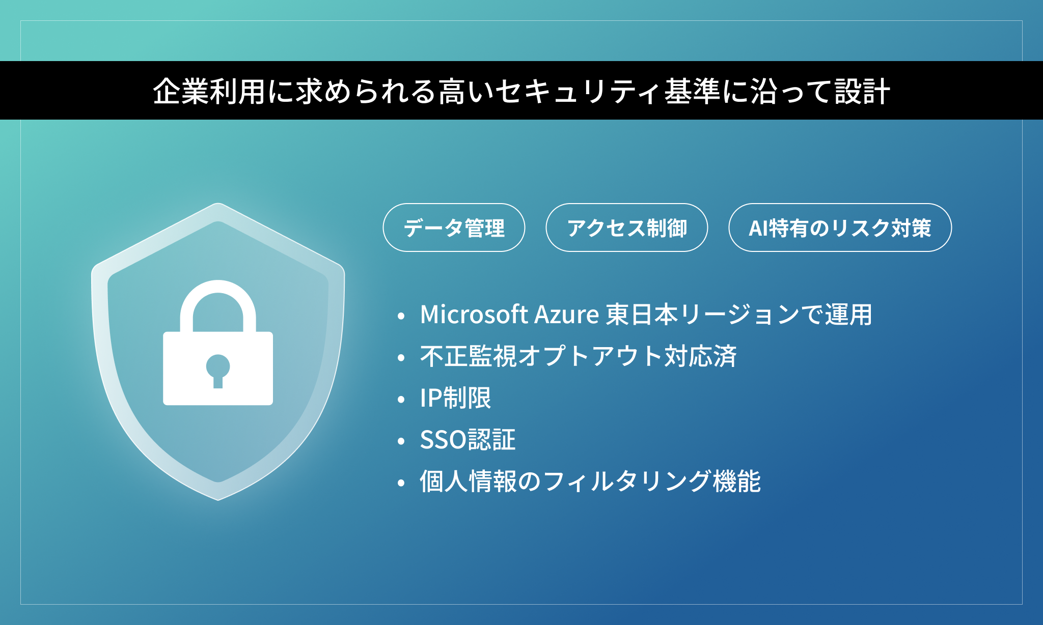 企業利用に求められる高いセキュリティ基準に沿って設計。データ管理・アクセス制御・AI特有のリスク対策の3カテゴリに対応し、Microsoft Azure 東日本リージョンでの運用、不正監視オプトアウト対応済、IP制限、SSO認証、個人情報のフィルタリング機能を提供することを示したイラスト